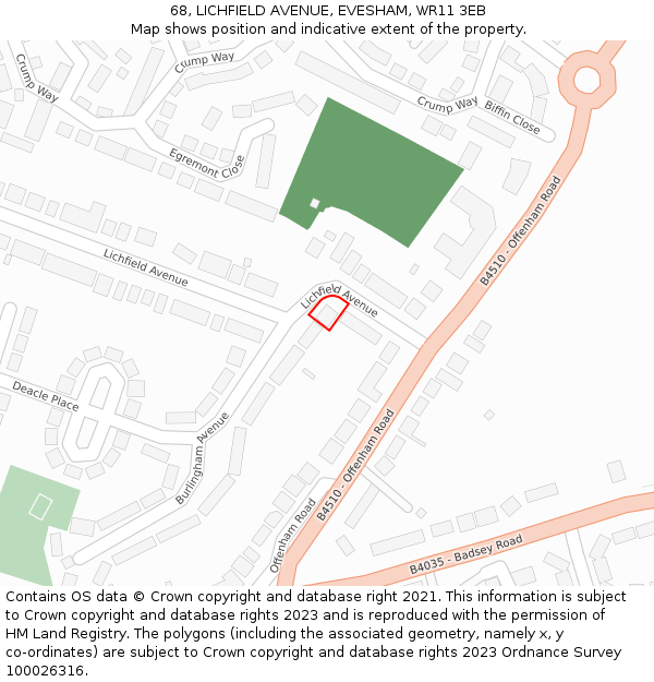 68, LICHFIELD AVENUE, EVESHAM, WR11 3EB: Location map and indicative extent of plot