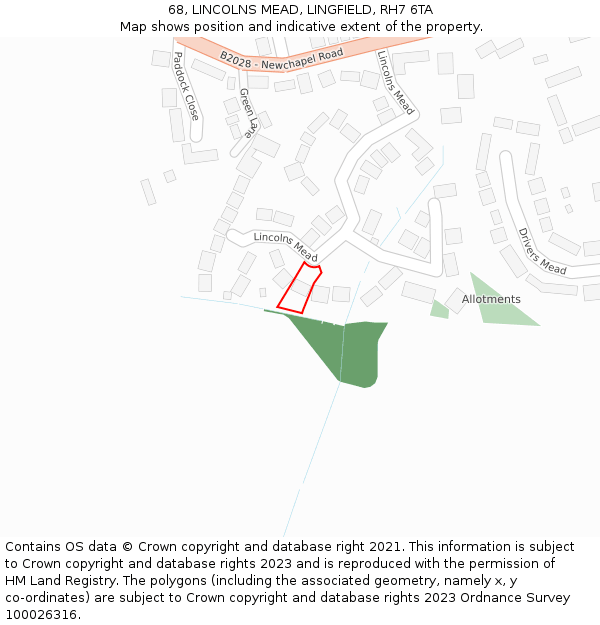 68, LINCOLNS MEAD, LINGFIELD, RH7 6TA: Location map and indicative extent of plot