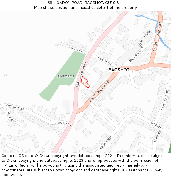 68, LONDON ROAD, BAGSHOT, GU19 5HL: Location map and indicative extent of plot