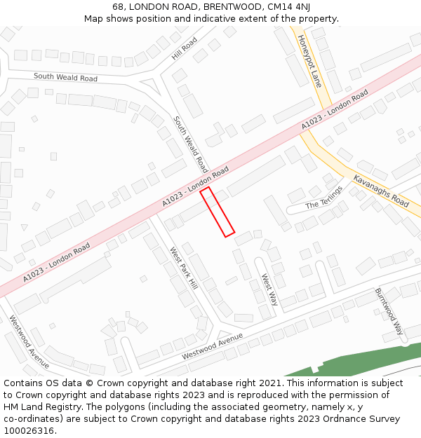 68, LONDON ROAD, BRENTWOOD, CM14 4NJ: Location map and indicative extent of plot