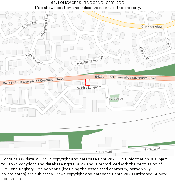 68, LONGACRES, BRIDGEND, CF31 2DD: Location map and indicative extent of plot