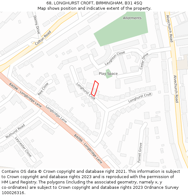 68, LONGHURST CROFT, BIRMINGHAM, B31 4SQ: Location map and indicative extent of plot