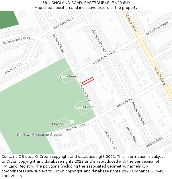 68, LONGLAND ROAD, EASTBOURNE, BN20 8HY: Location map and indicative extent of plot