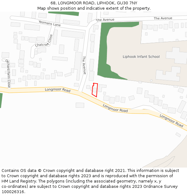 68, LONGMOOR ROAD, LIPHOOK, GU30 7NY: Location map and indicative extent of plot