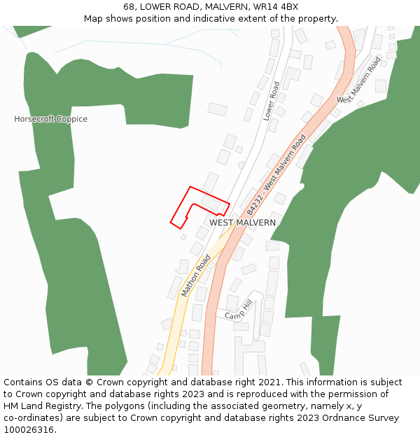 68, LOWER ROAD, MALVERN, WR14 4BX: Location map and indicative extent of plot
