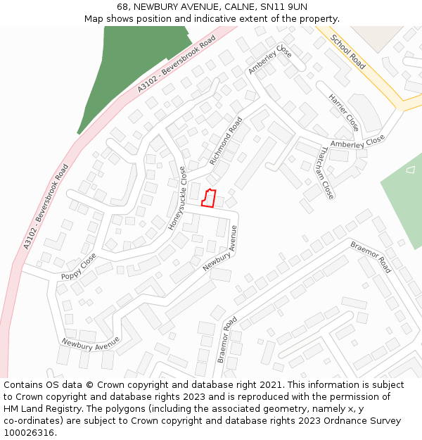 68, NEWBURY AVENUE, CALNE, SN11 9UN: Location map and indicative extent of plot