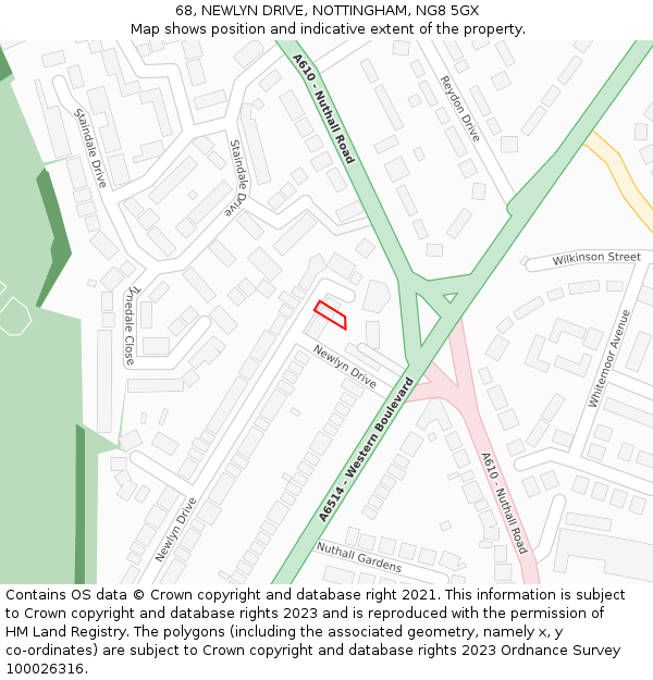 68, NEWLYN DRIVE, NOTTINGHAM, NG8 5GX: Location map and indicative extent of plot