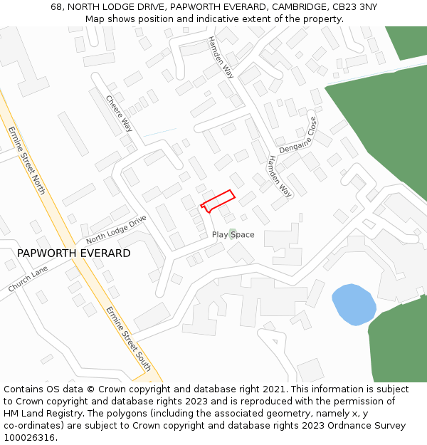 68, NORTH LODGE DRIVE, PAPWORTH EVERARD, CAMBRIDGE, CB23 3NY: Location map and indicative extent of plot