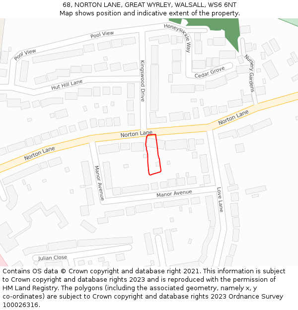 68, NORTON LANE, GREAT WYRLEY, WALSALL, WS6 6NT: Location map and indicative extent of plot