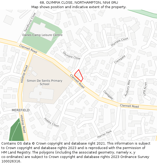 68, OLYMPIA CLOSE, NORTHAMPTON, NN4 0RU: Location map and indicative extent of plot