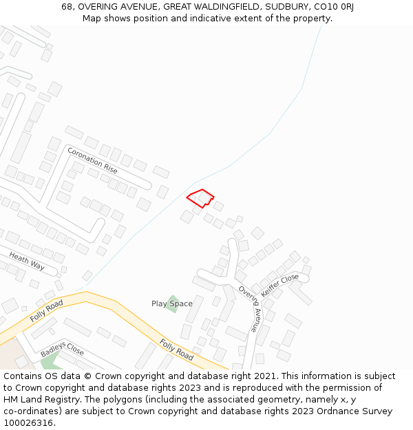 68, OVERING AVENUE, GREAT WALDINGFIELD, SUDBURY, CO10 0RJ: Location map and indicative extent of plot