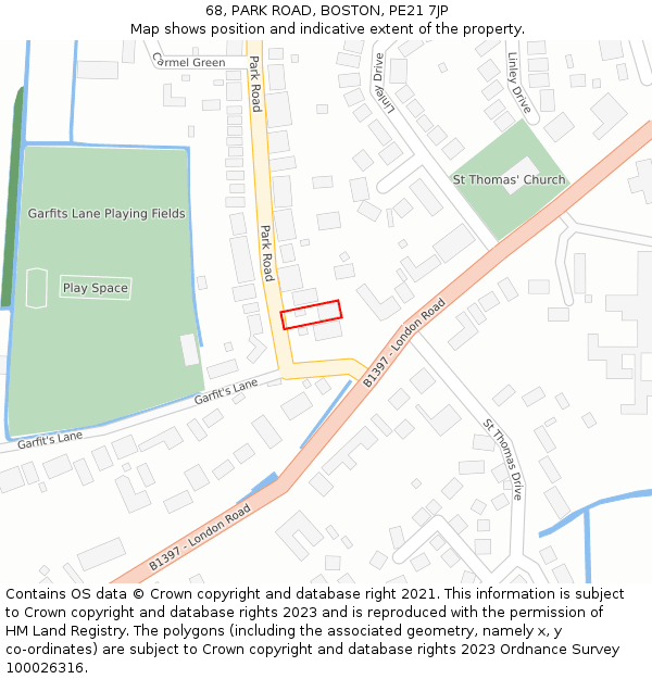 68, PARK ROAD, BOSTON, PE21 7JP: Location map and indicative extent of plot