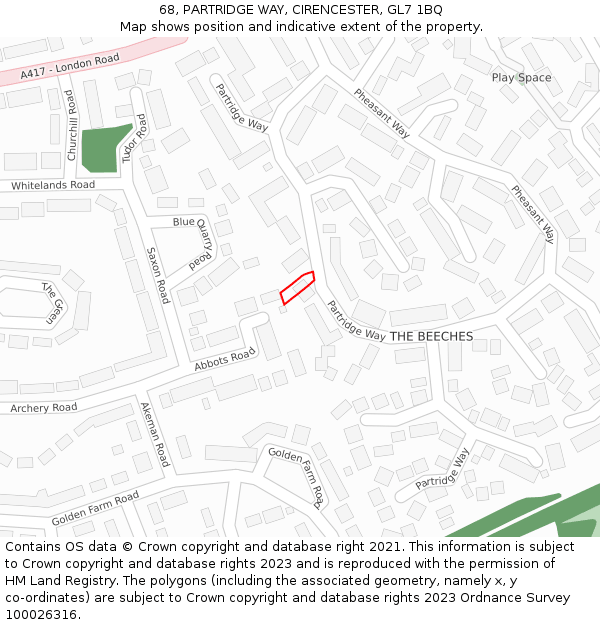 68, PARTRIDGE WAY, CIRENCESTER, GL7 1BQ: Location map and indicative extent of plot