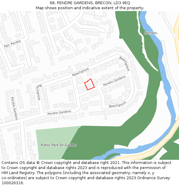 68, PENDRE GARDENS, BRECON, LD3 9EQ: Location map and indicative extent of plot