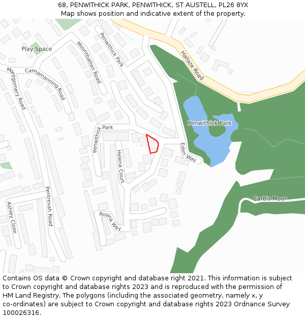 68, PENWITHICK PARK, PENWITHICK, ST AUSTELL, PL26 8YX: Location map and indicative extent of plot