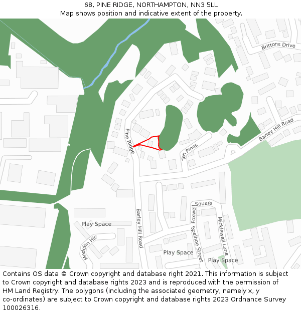 68, PINE RIDGE, NORTHAMPTON, NN3 5LL: Location map and indicative extent of plot