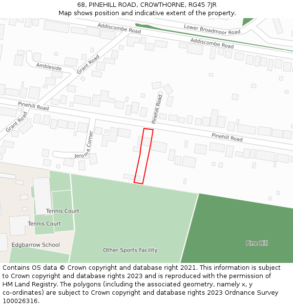 68, PINEHILL ROAD, CROWTHORNE, RG45 7JR: Location map and indicative extent of plot