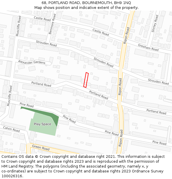 68, PORTLAND ROAD, BOURNEMOUTH, BH9 1NQ: Location map and indicative extent of plot
