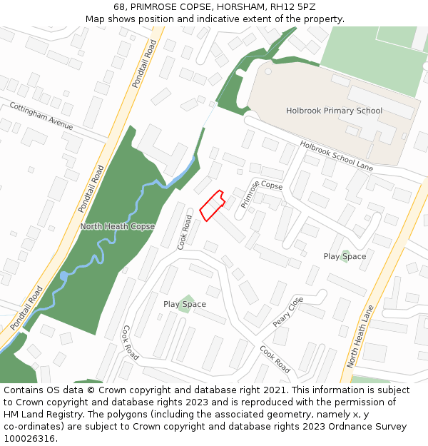 68, PRIMROSE COPSE, HORSHAM, RH12 5PZ: Location map and indicative extent of plot