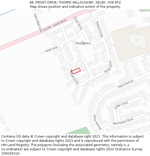 68, PRIVET DRIVE, THORPE WILLOUGHBY, SELBY, YO8 9FZ: Location map and indicative extent of plot