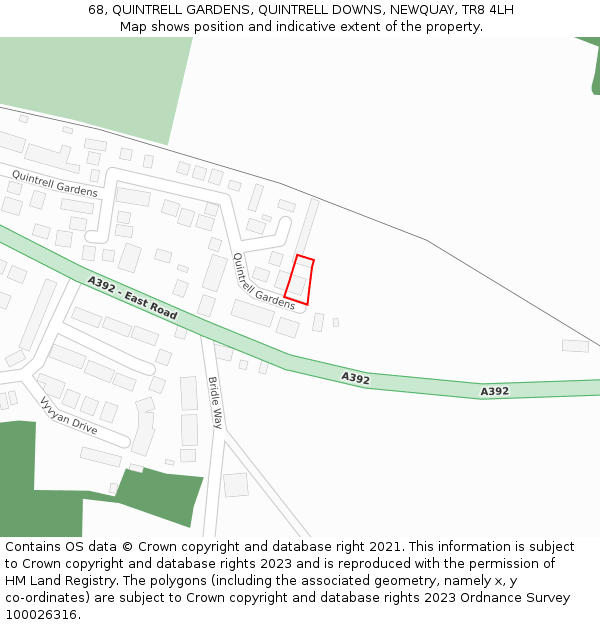 68, QUINTRELL GARDENS, QUINTRELL DOWNS, NEWQUAY, TR8 4LH: Location map and indicative extent of plot