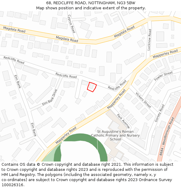 68, REDCLIFFE ROAD, NOTTINGHAM, NG3 5BW: Location map and indicative extent of plot