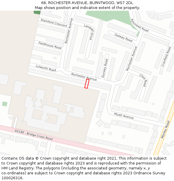 68, ROCHESTER AVENUE, BURNTWOOD, WS7 2DL: Location map and indicative extent of plot