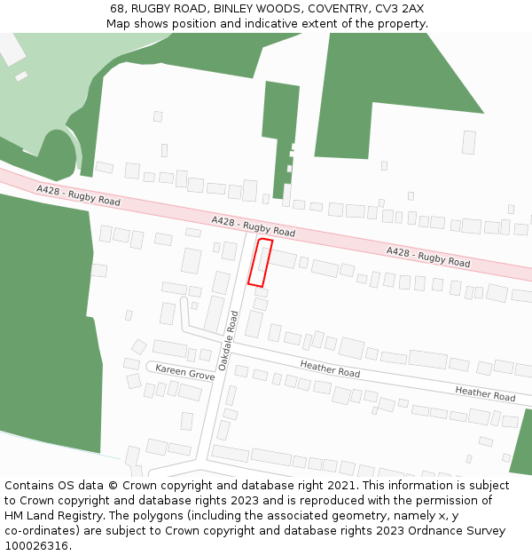 68, RUGBY ROAD, BINLEY WOODS, COVENTRY, CV3 2AX: Location map and indicative extent of plot