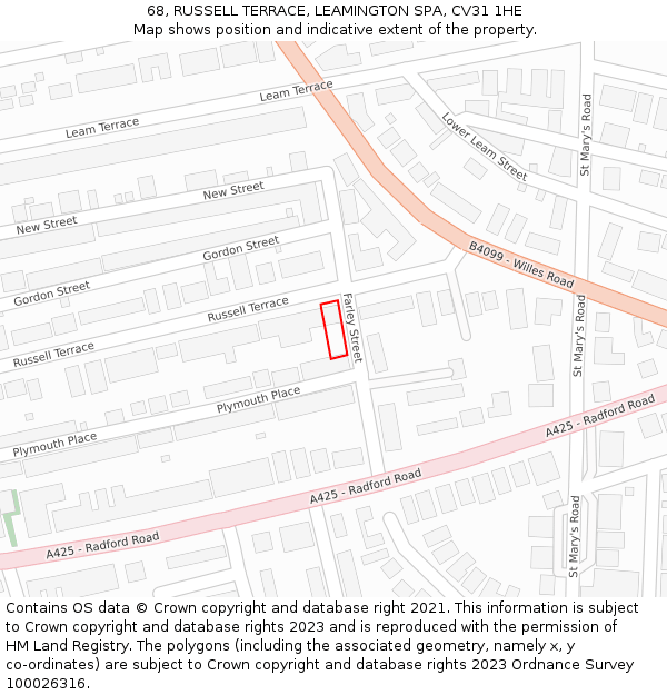 68, RUSSELL TERRACE, LEAMINGTON SPA, CV31 1HE: Location map and indicative extent of plot