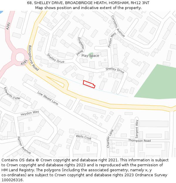 68, SHELLEY DRIVE, BROADBRIDGE HEATH, HORSHAM, RH12 3NT: Location map and indicative extent of plot