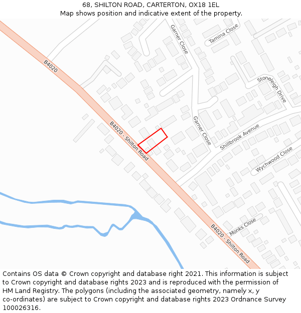 68, SHILTON ROAD, CARTERTON, OX18 1EL: Location map and indicative extent of plot