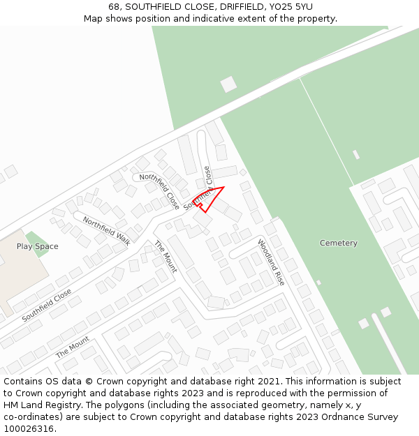 68, SOUTHFIELD CLOSE, DRIFFIELD, YO25 5YU: Location map and indicative extent of plot