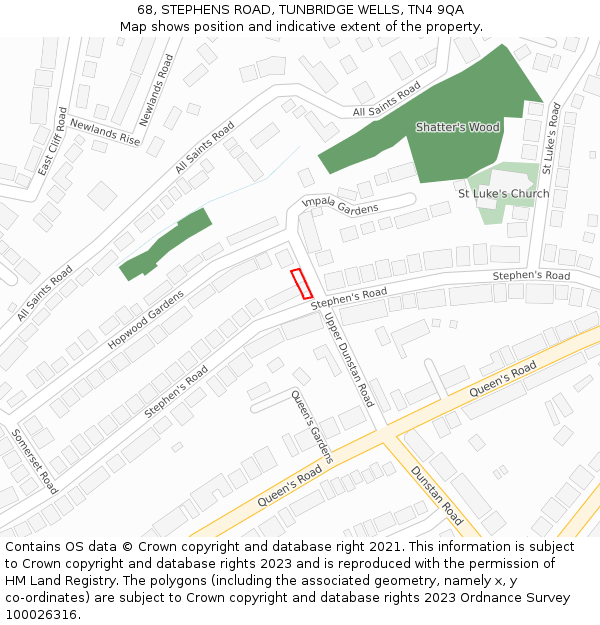68, STEPHENS ROAD, TUNBRIDGE WELLS, TN4 9QA: Location map and indicative extent of plot