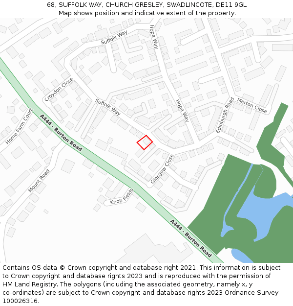 68, SUFFOLK WAY, CHURCH GRESLEY, SWADLINCOTE, DE11 9GL: Location map and indicative extent of plot