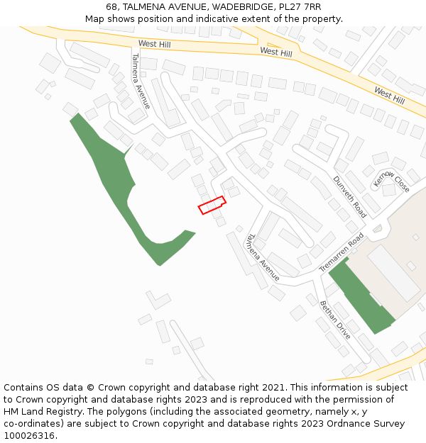 68, TALMENA AVENUE, WADEBRIDGE, PL27 7RR: Location map and indicative extent of plot