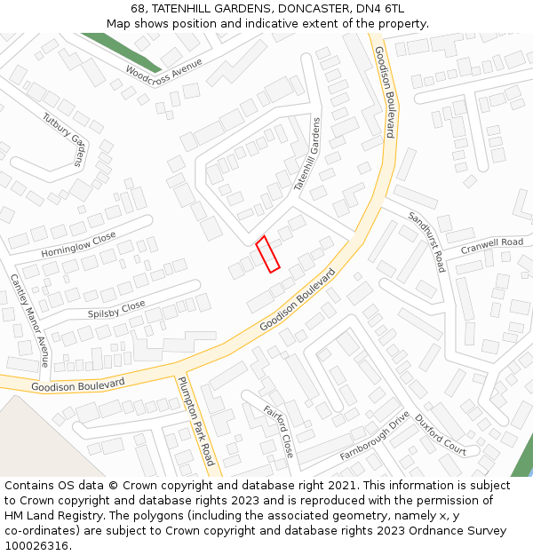 68, TATENHILL GARDENS, DONCASTER, DN4 6TL: Location map and indicative extent of plot