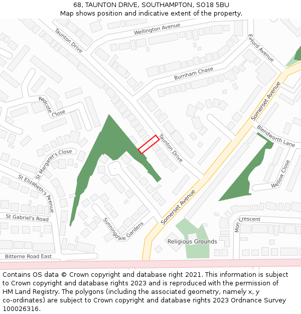 68, TAUNTON DRIVE, SOUTHAMPTON, SO18 5BU: Location map and indicative extent of plot