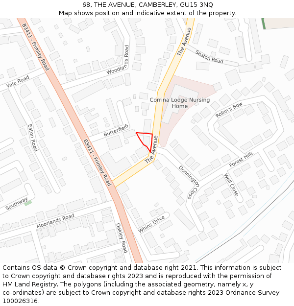 68, THE AVENUE, CAMBERLEY, GU15 3NQ: Location map and indicative extent of plot