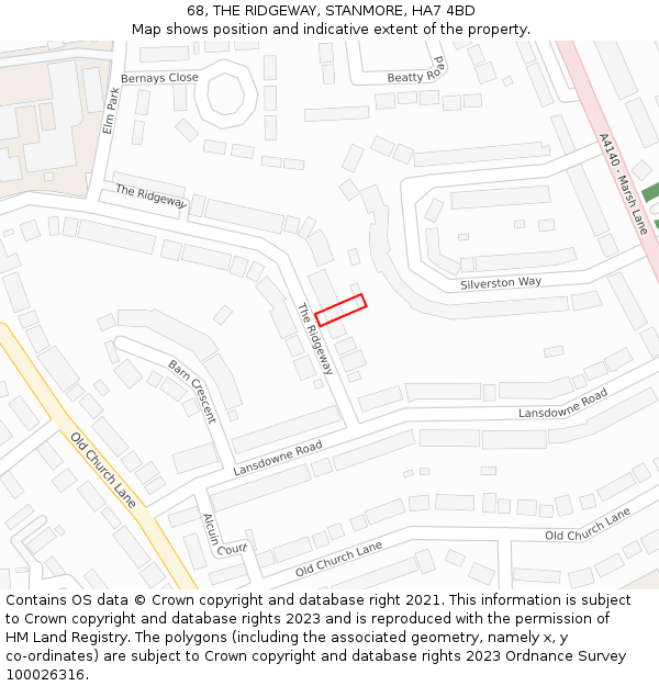 68, THE RIDGEWAY, STANMORE, HA7 4BD: Location map and indicative extent of plot