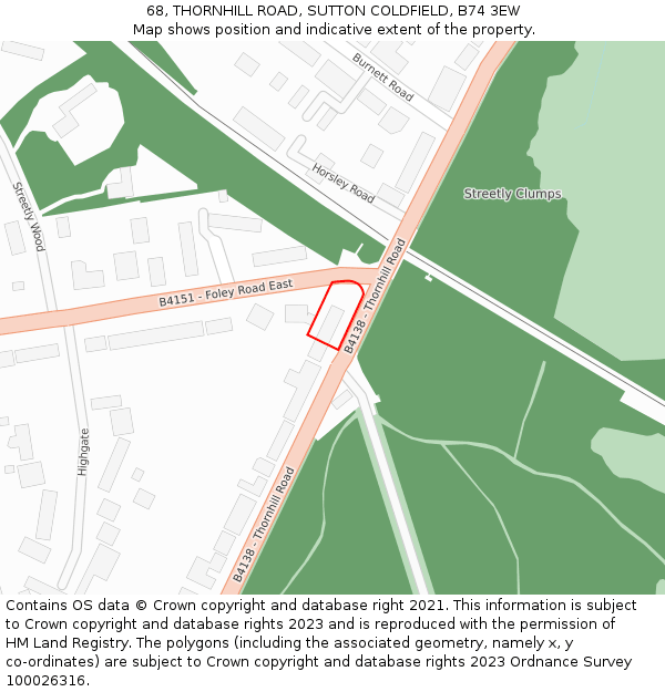 68, THORNHILL ROAD, SUTTON COLDFIELD, B74 3EW: Location map and indicative extent of plot