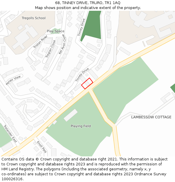 68, TINNEY DRIVE, TRURO, TR1 1AQ: Location map and indicative extent of plot