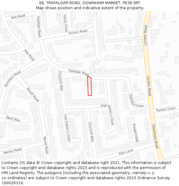 68, TRAFALGAR ROAD, DOWNHAM MARKET, PE38 9RT: Location map and indicative extent of plot