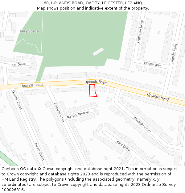 68, UPLANDS ROAD, OADBY, LEICESTER, LE2 4NQ: Location map and indicative extent of plot