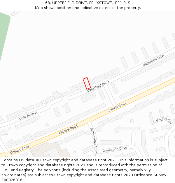 68, UPPERFIELD DRIVE, FELIXSTOWE, IP11 9LS: Location map and indicative extent of plot