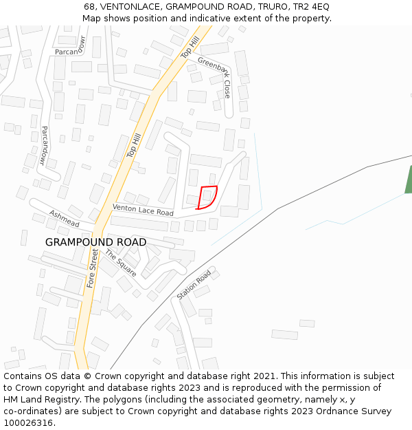 68, VENTONLACE, GRAMPOUND ROAD, TRURO, TR2 4EQ: Location map and indicative extent of plot