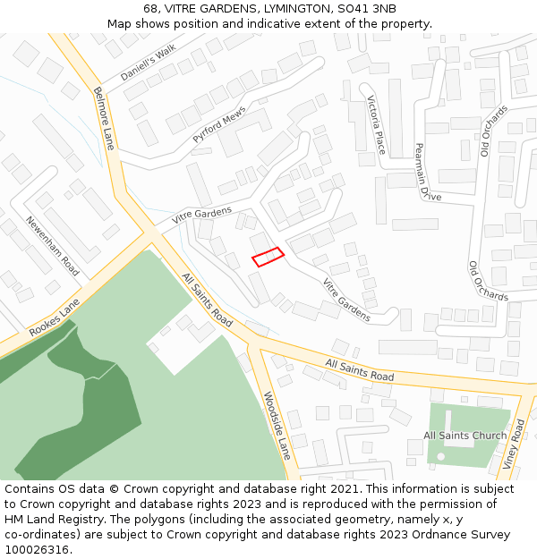 68, VITRE GARDENS, LYMINGTON, SO41 3NB: Location map and indicative extent of plot