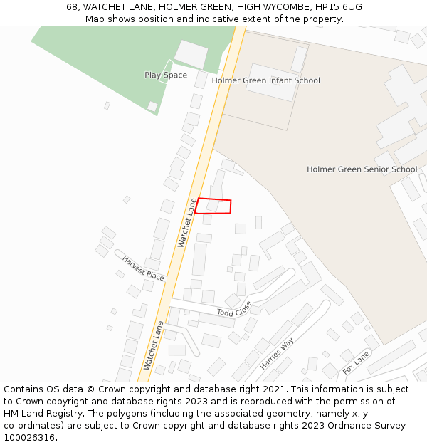 68, WATCHET LANE, HOLMER GREEN, HIGH WYCOMBE, HP15 6UG: Location map and indicative extent of plot