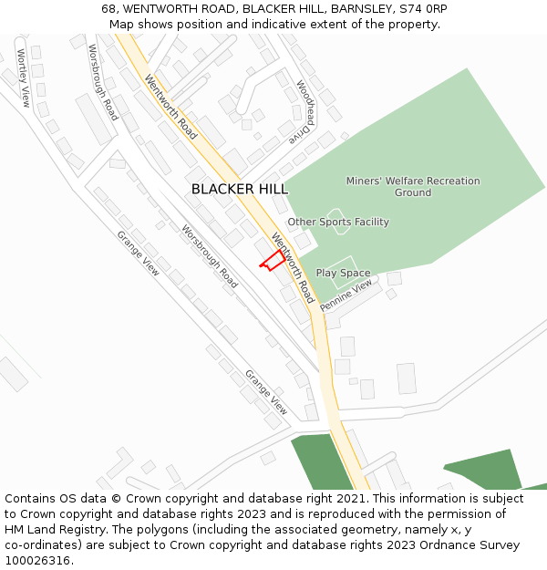 68, WENTWORTH ROAD, BLACKER HILL, BARNSLEY, S74 0RP: Location map and indicative extent of plot