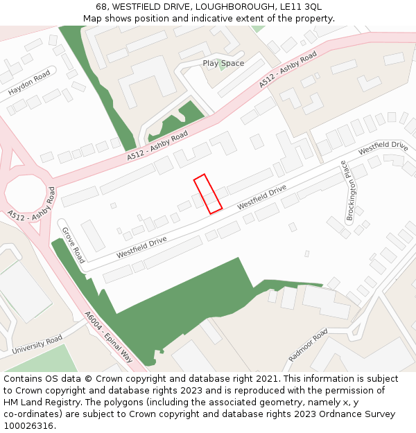68, WESTFIELD DRIVE, LOUGHBOROUGH, LE11 3QL: Location map and indicative extent of plot