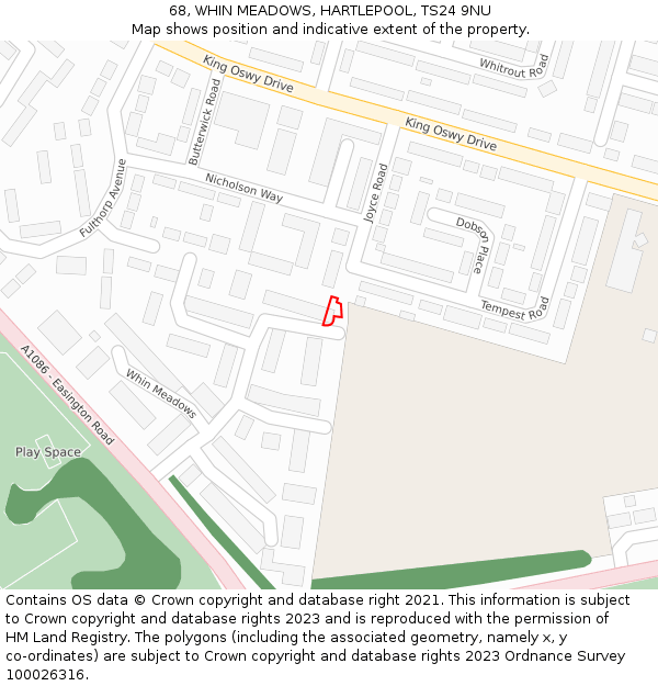 68, WHIN MEADOWS, HARTLEPOOL, TS24 9NU: Location map and indicative extent of plot